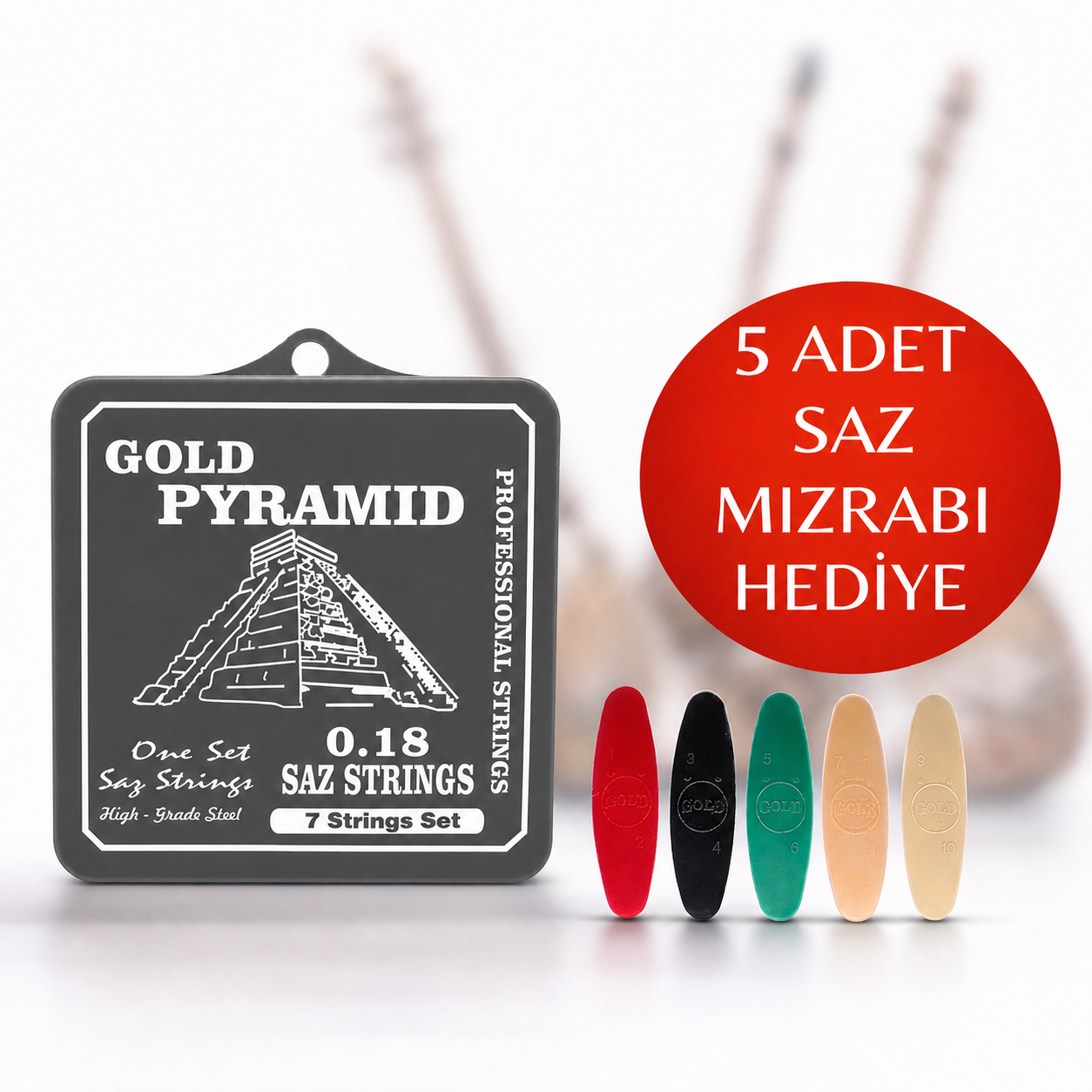 0.18 Kısa Sap Pyramid Saz Teli  5 Adet Saz Mızrabı Hediye